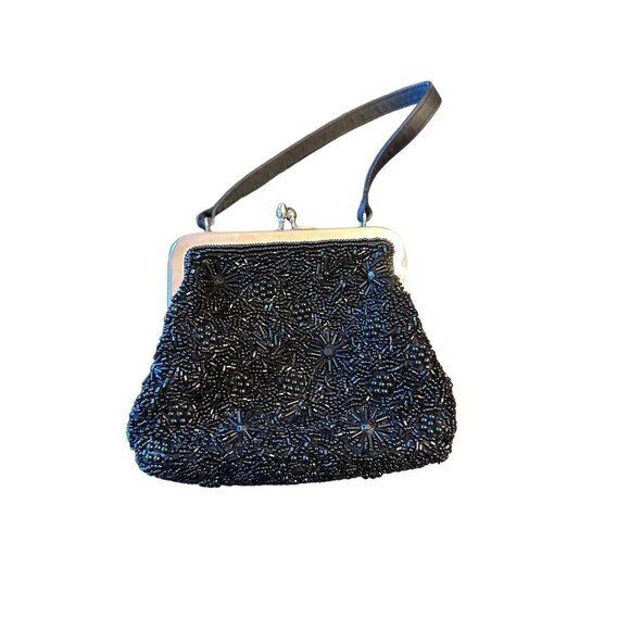 Vintage Valerie Stevens Black Beaded Evening Bag With Silver Frame & Long Strap - Picture 4 of 5